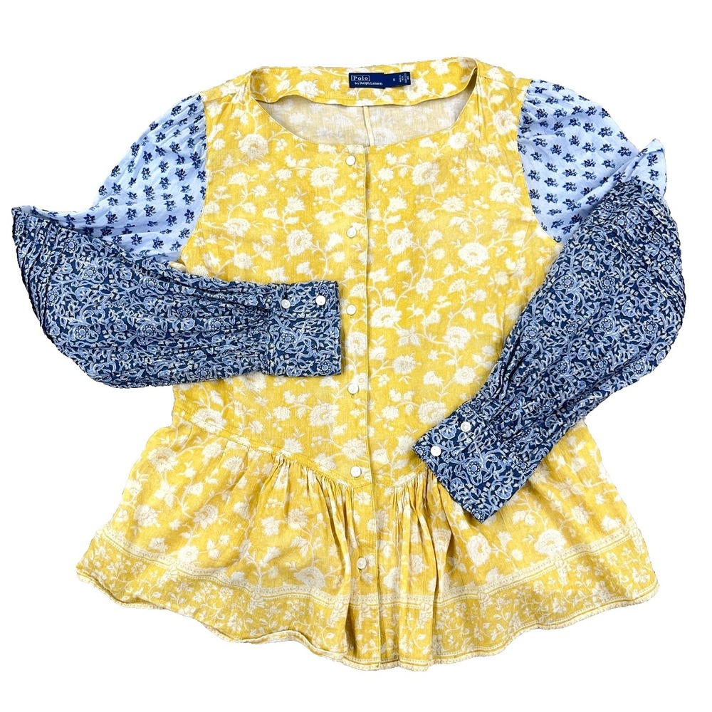 Polo Ralph Lauren Shirt Women Size 8 Peplum Blouse Mixed Patch Work Sample